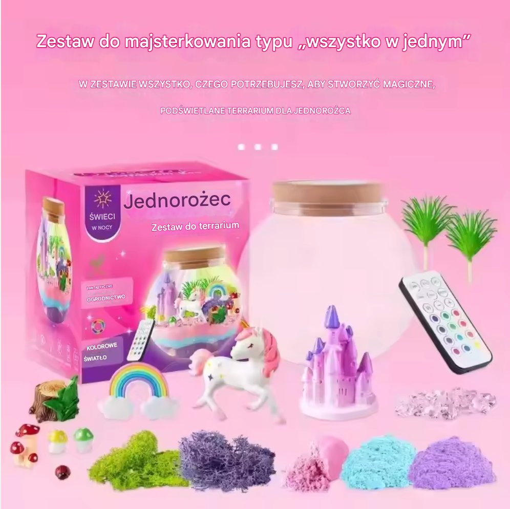 Zestaw kreatywny jednorożec terrarium lampka led pilot piasek kinetyczny