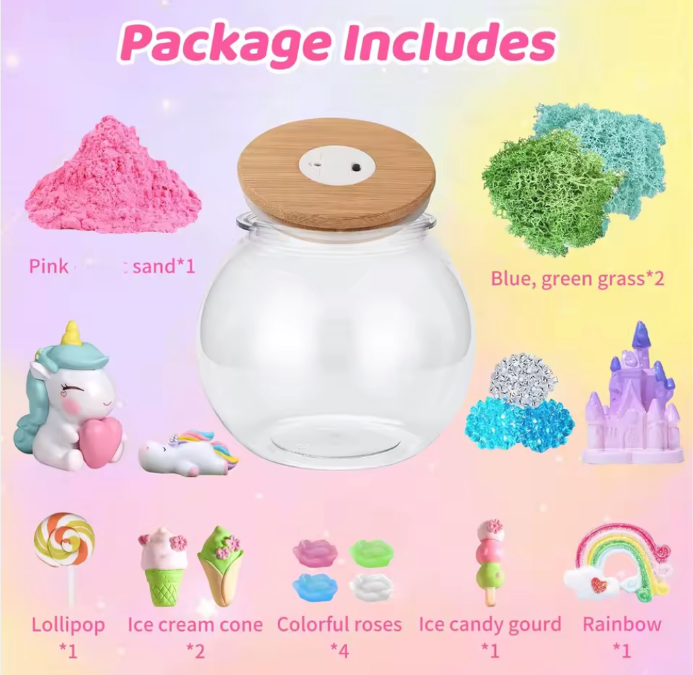 Zestaw kreatywny jednorożce terrarium lampka led pilot piasek kinetyczny
