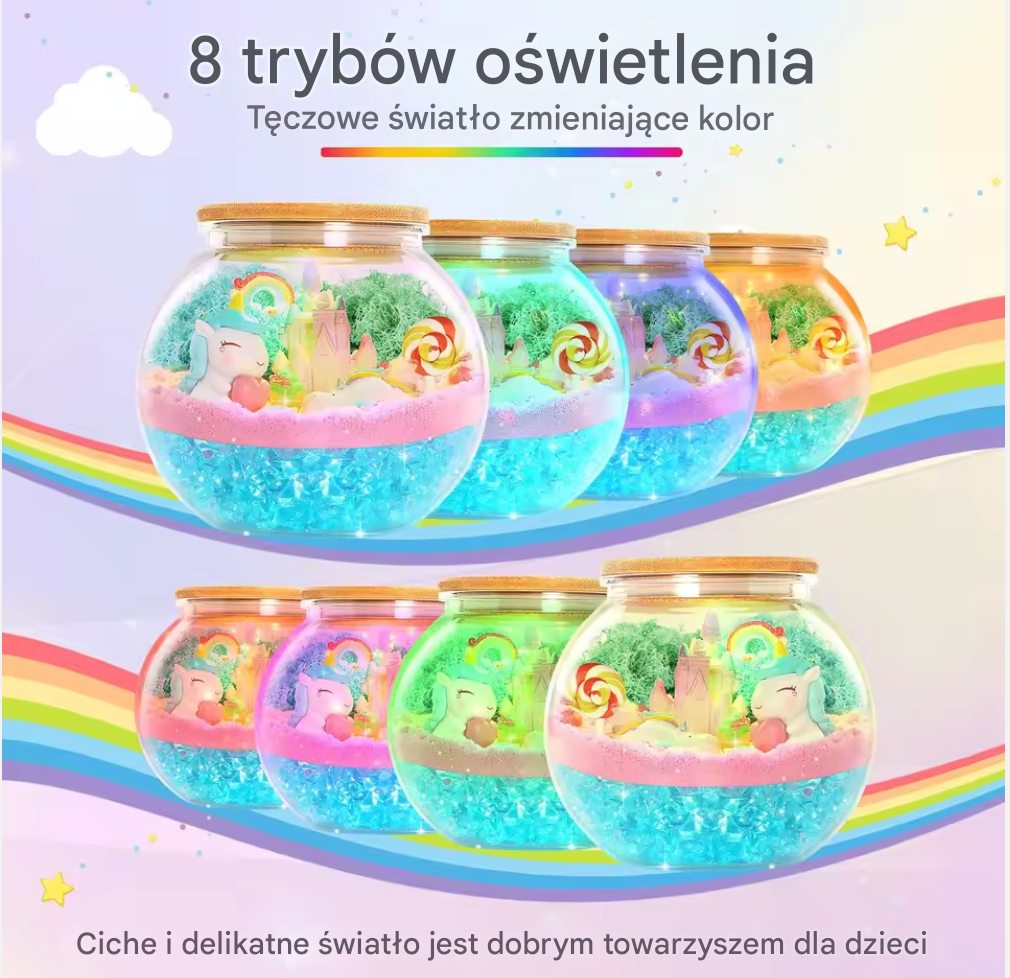 Zestaw kreatywny jednorożce terrarium lampka led pilot piasek kinetyczny