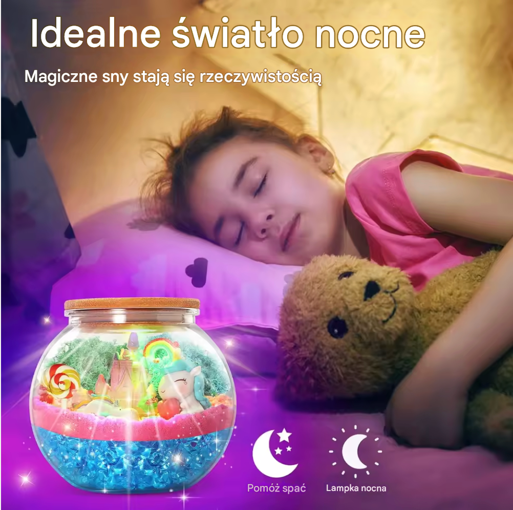 Zestaw kreatywny jednorożce terrarium lampka led pilot piasek kinetyczny