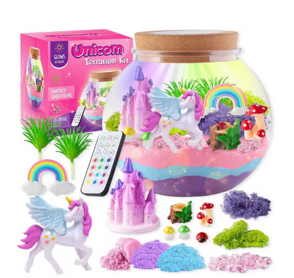 Zestaw kreatywny jednorożec terrarium lampka led pilot piasek kinetyczny